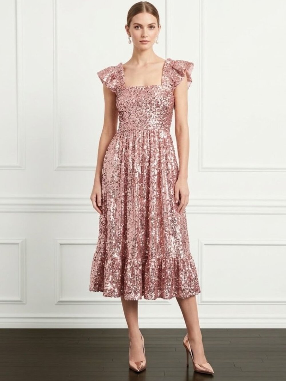 NWT Hill House Ellie Nap in Rose Gold Sequins Smocked Tiered Midi Dress XXS